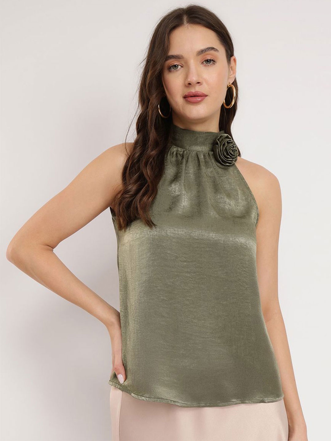 

FableStreet Halter Neck Satin Top, Olive