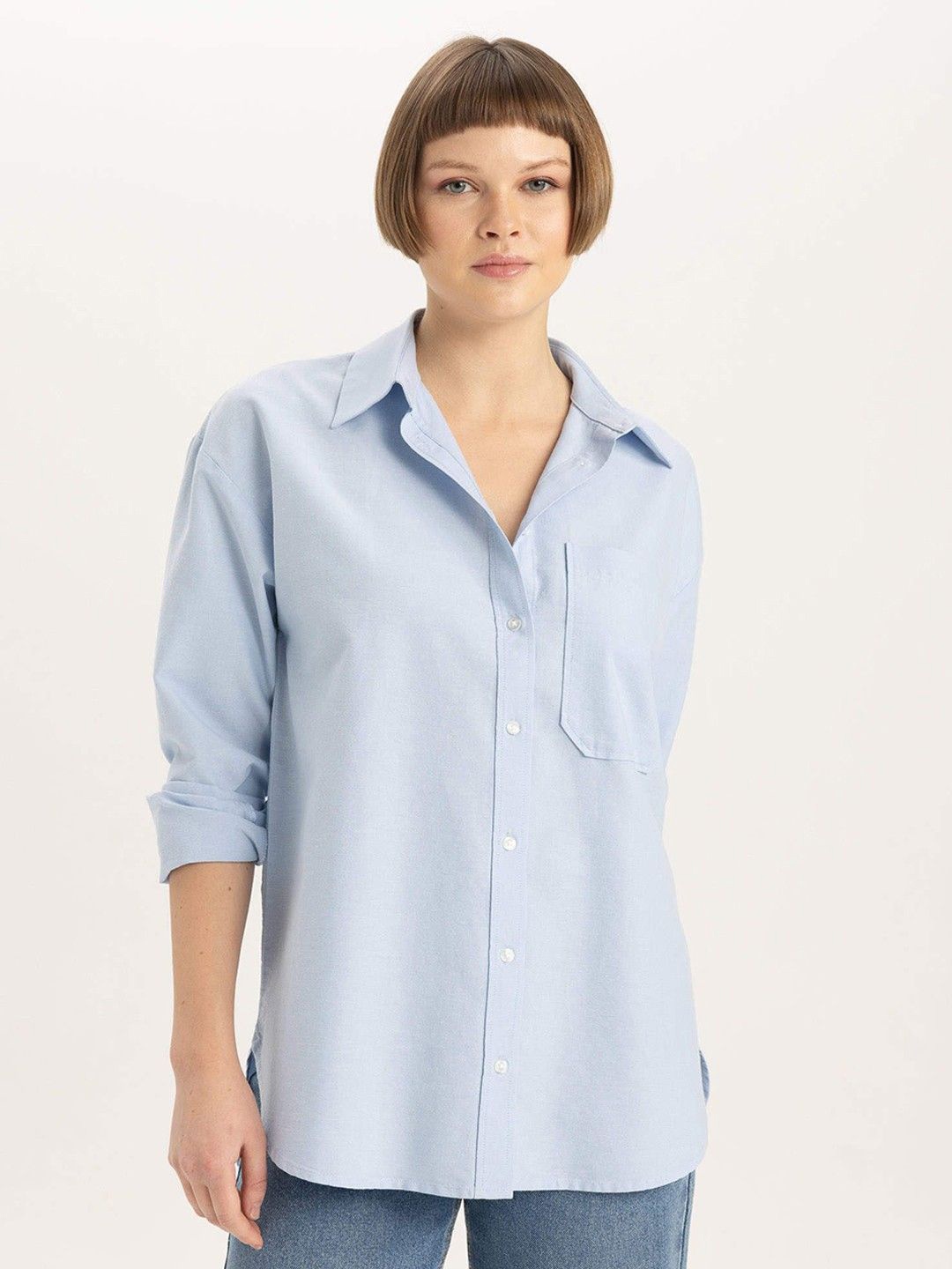

WHY SO FAB Women Comfort Relaxed Fit Spread Collar Solid Cotton Casual Shirt, Blue