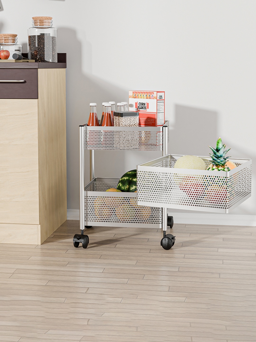 

Kuber Industries 2+1 Layer Kitchen Metal Storage Rack Wheels Unisex Silver Kitchen Trolley