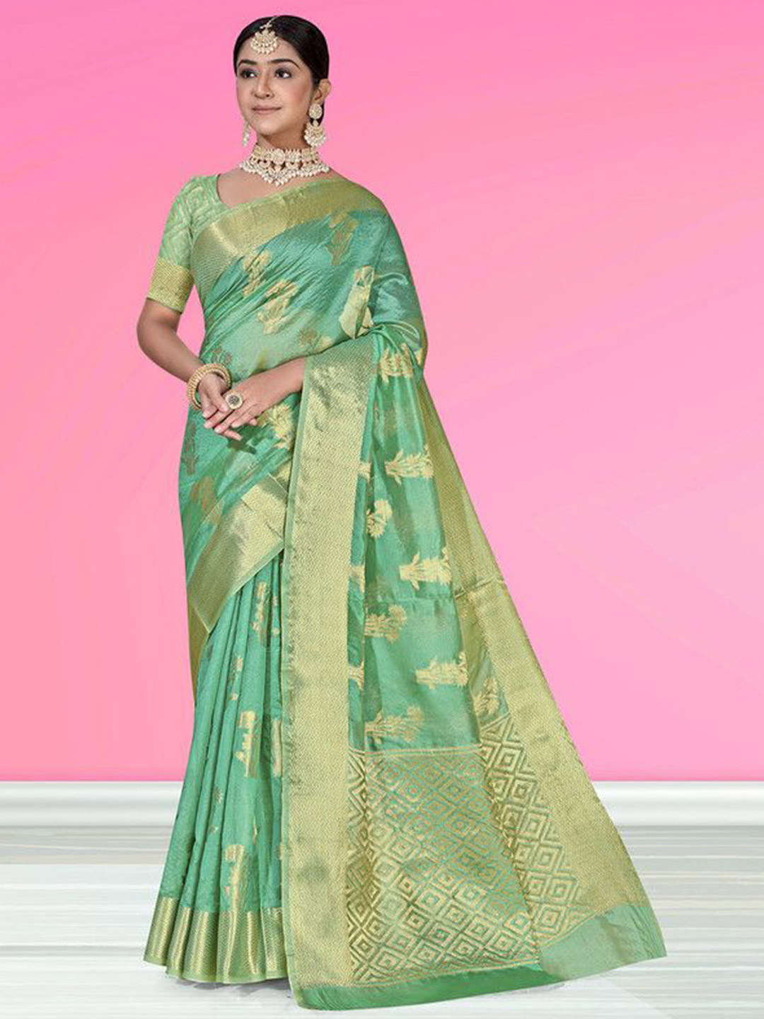 

Sagarika Woven Design Zari Organza Banarasi Saree, Sea green