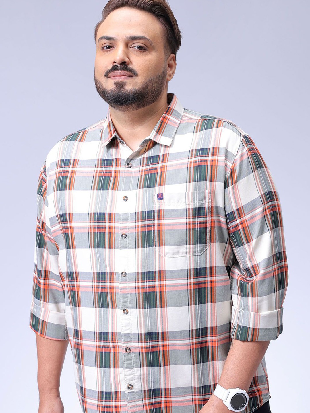 

HARDSODA Men Plus Size Spread Collar Tartan Checked Cotton Casual Shirt, White