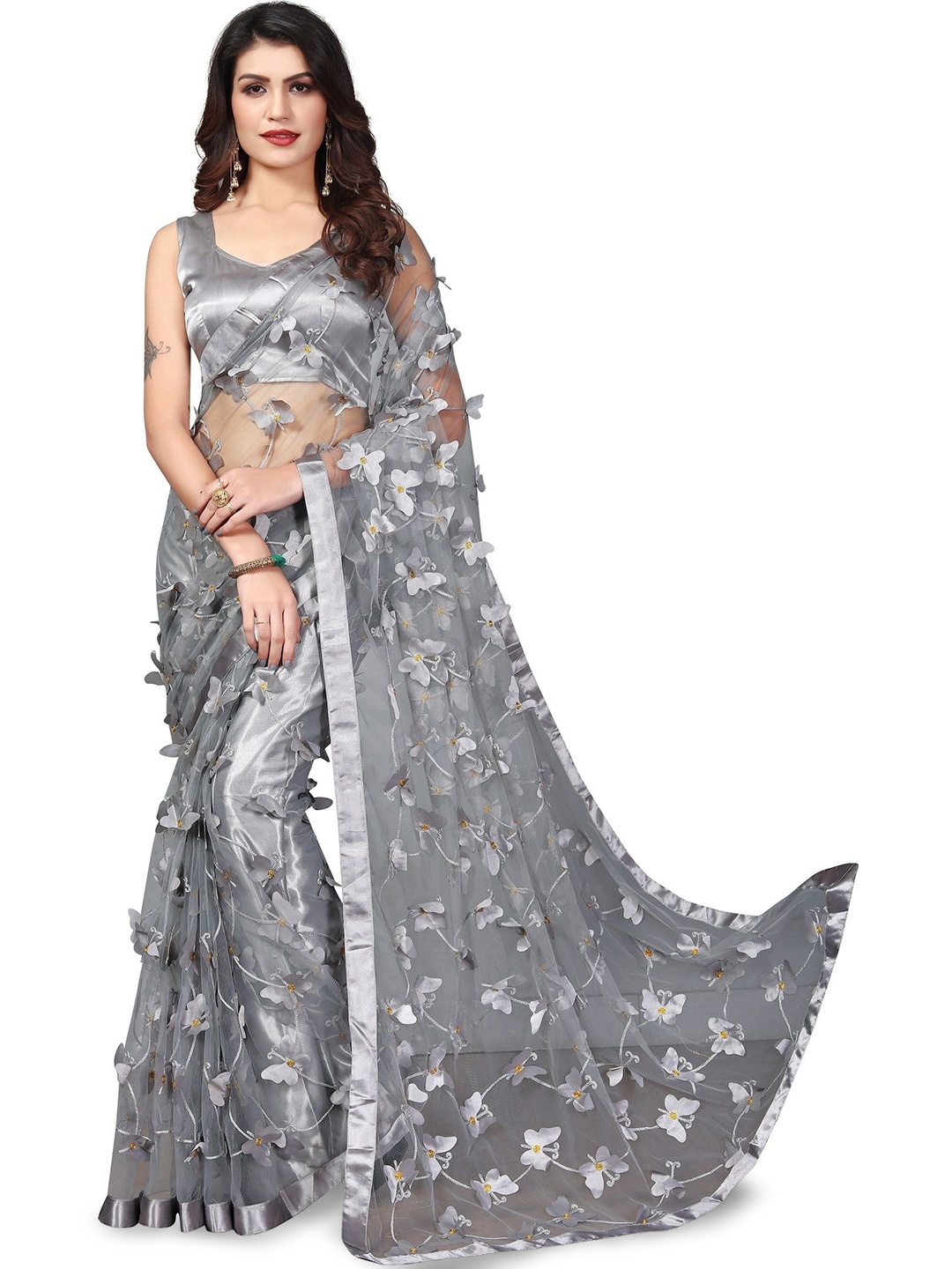 

Aika Embellished Pure Silk Kanjeevaram Saree, Grey