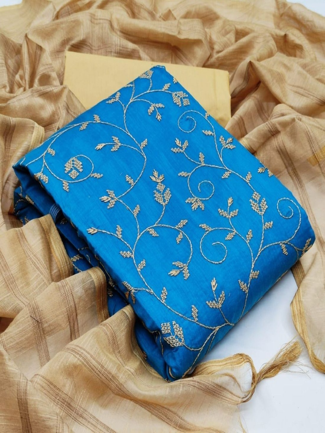 

Aika Floral Embroidered Chanderi Unstitched Dress Material, Blue