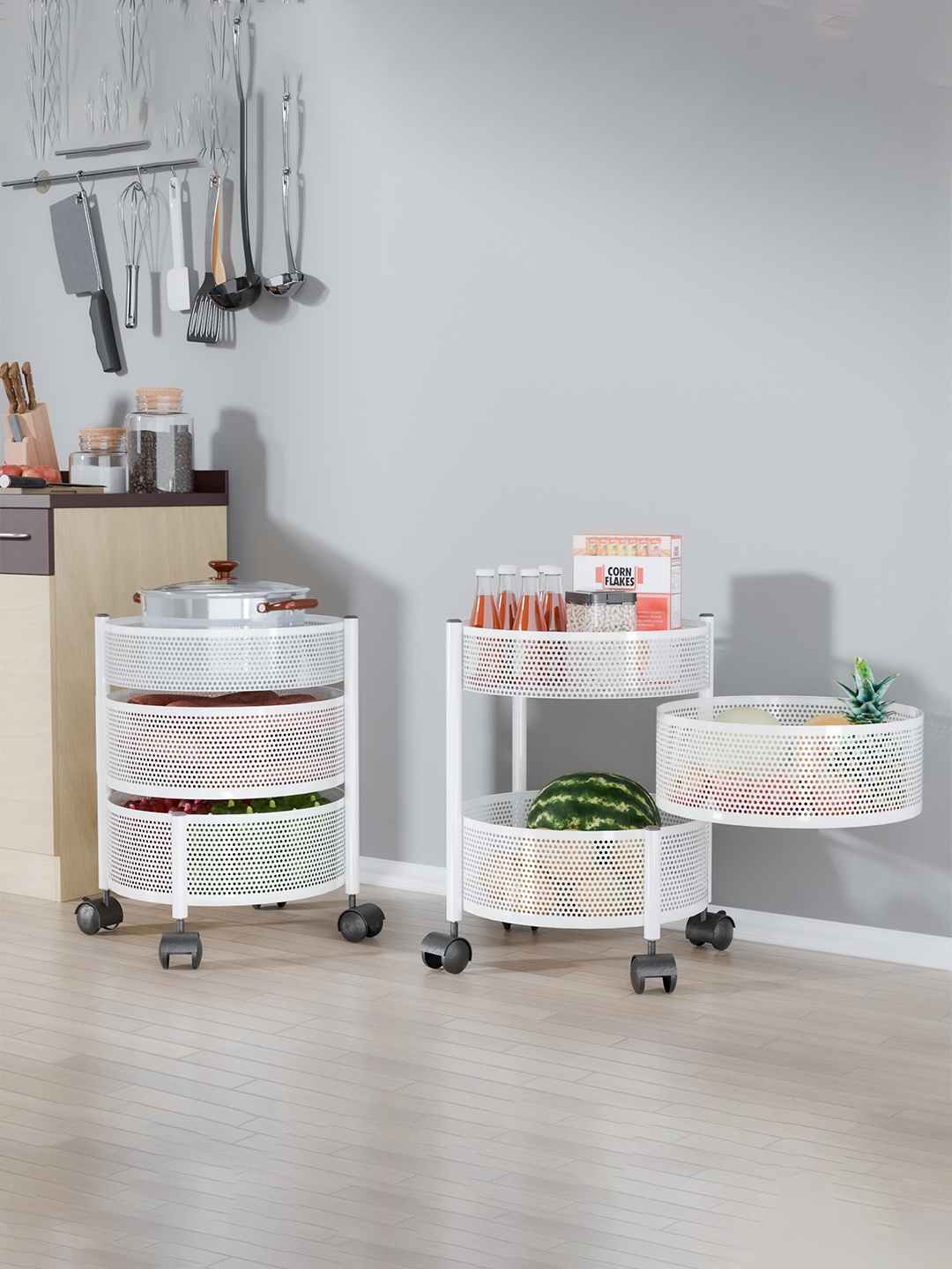 

Kuber Industries White Pack of 2 Kitchen 2+1 Layer Metal Storage Kitchen Trolley
