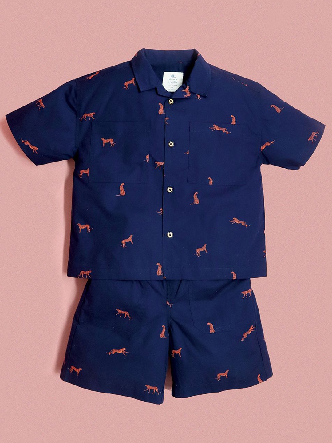 

Cherry Crumble Boys Printed Short Sleeves Pure Cotton Shirt With Shorts, Navy blue
