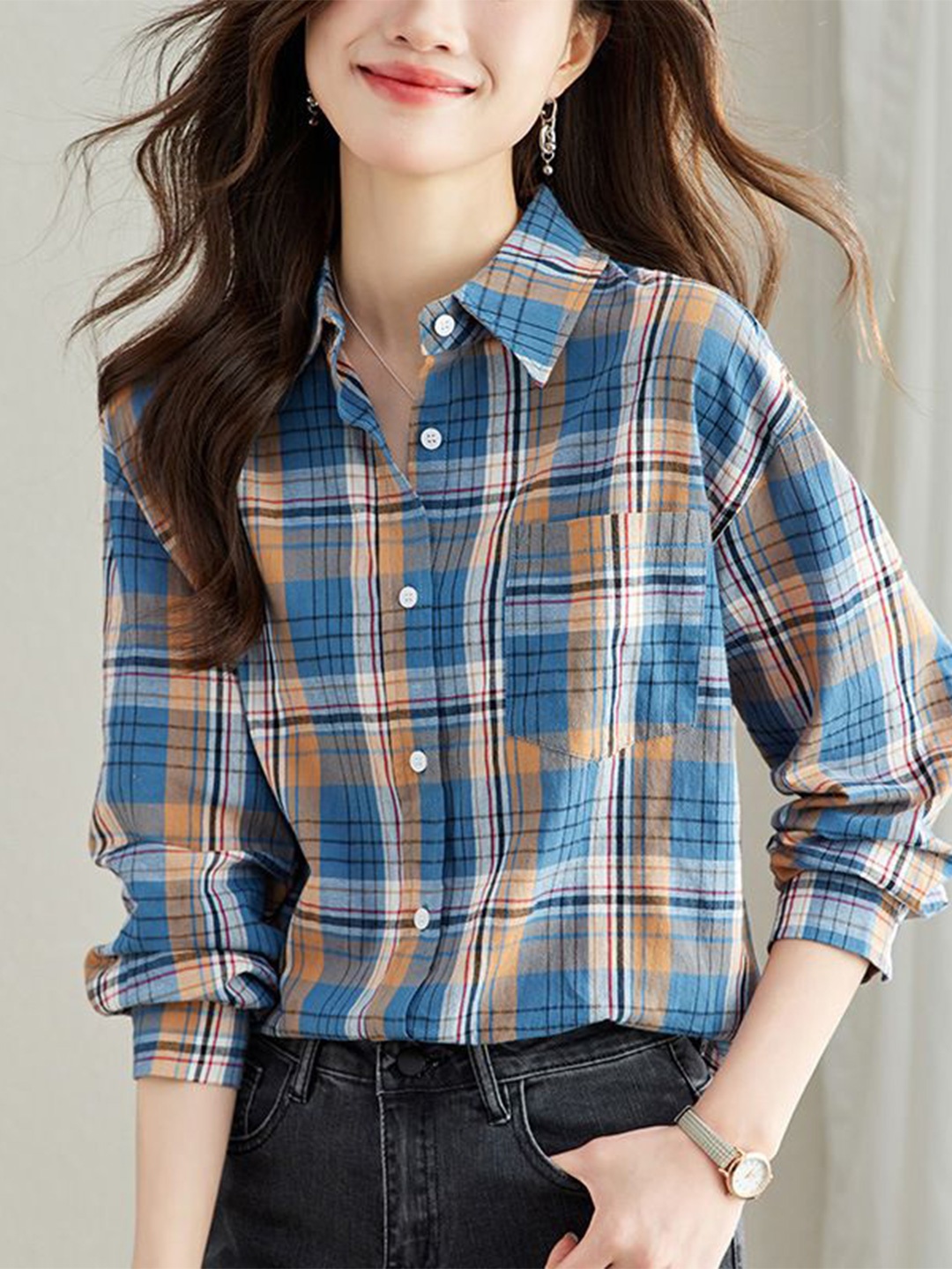 

StyleCast Women Spread Collar Tartan Checked Cotton Casual Shirt, Blue