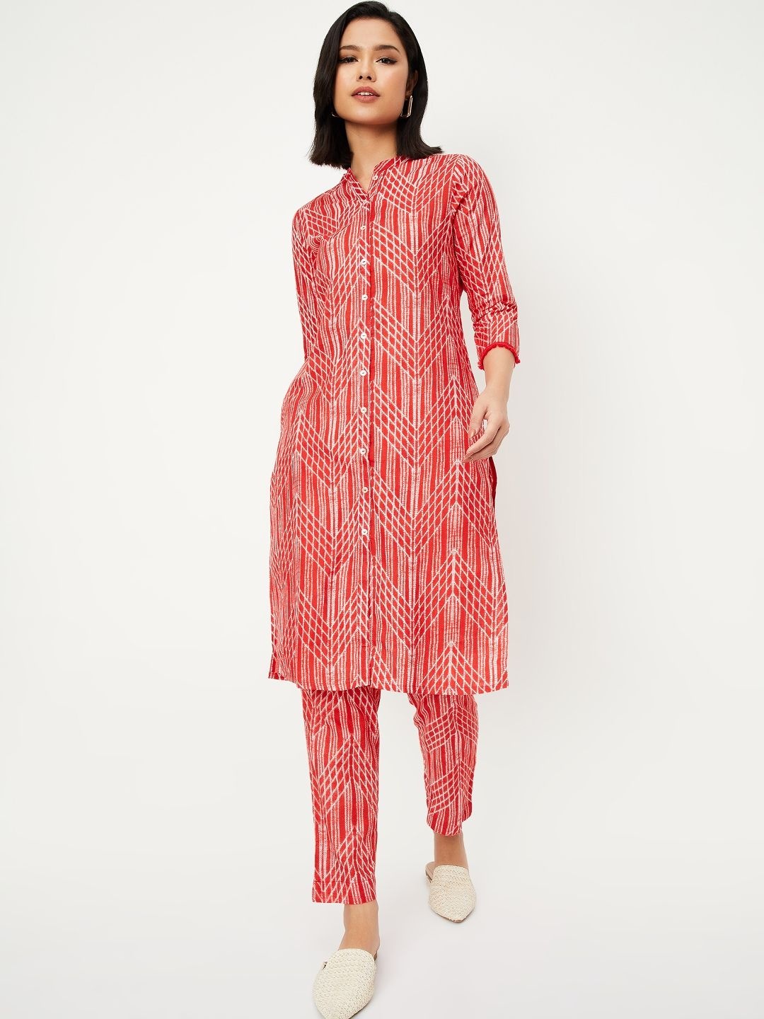 

max Geometric Printed Band Collar Straight Kurta With Trouser, Red