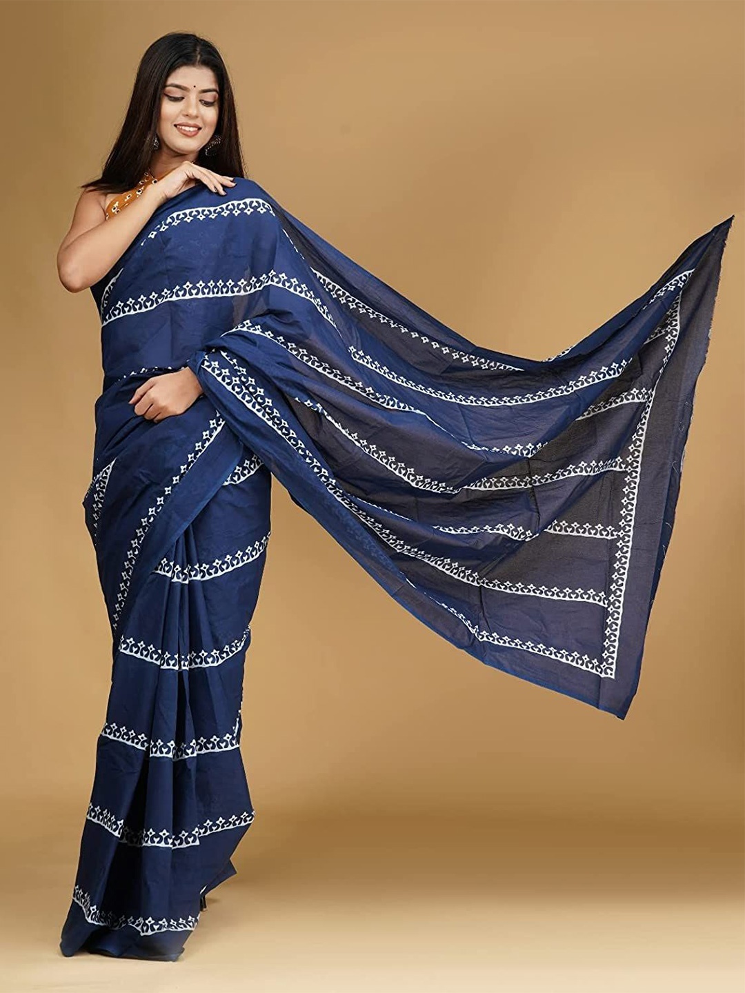 

Craft Musium Striped Pure Cotton Bagru Saree, Blue
