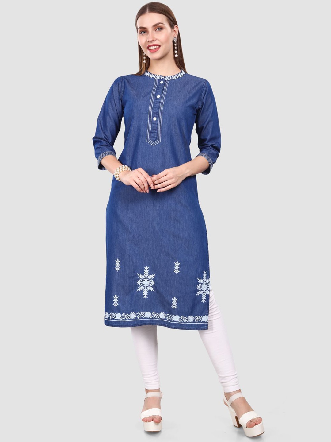 

SK Creation Women Floral Embroidered Denim Straight Kurta, Blue