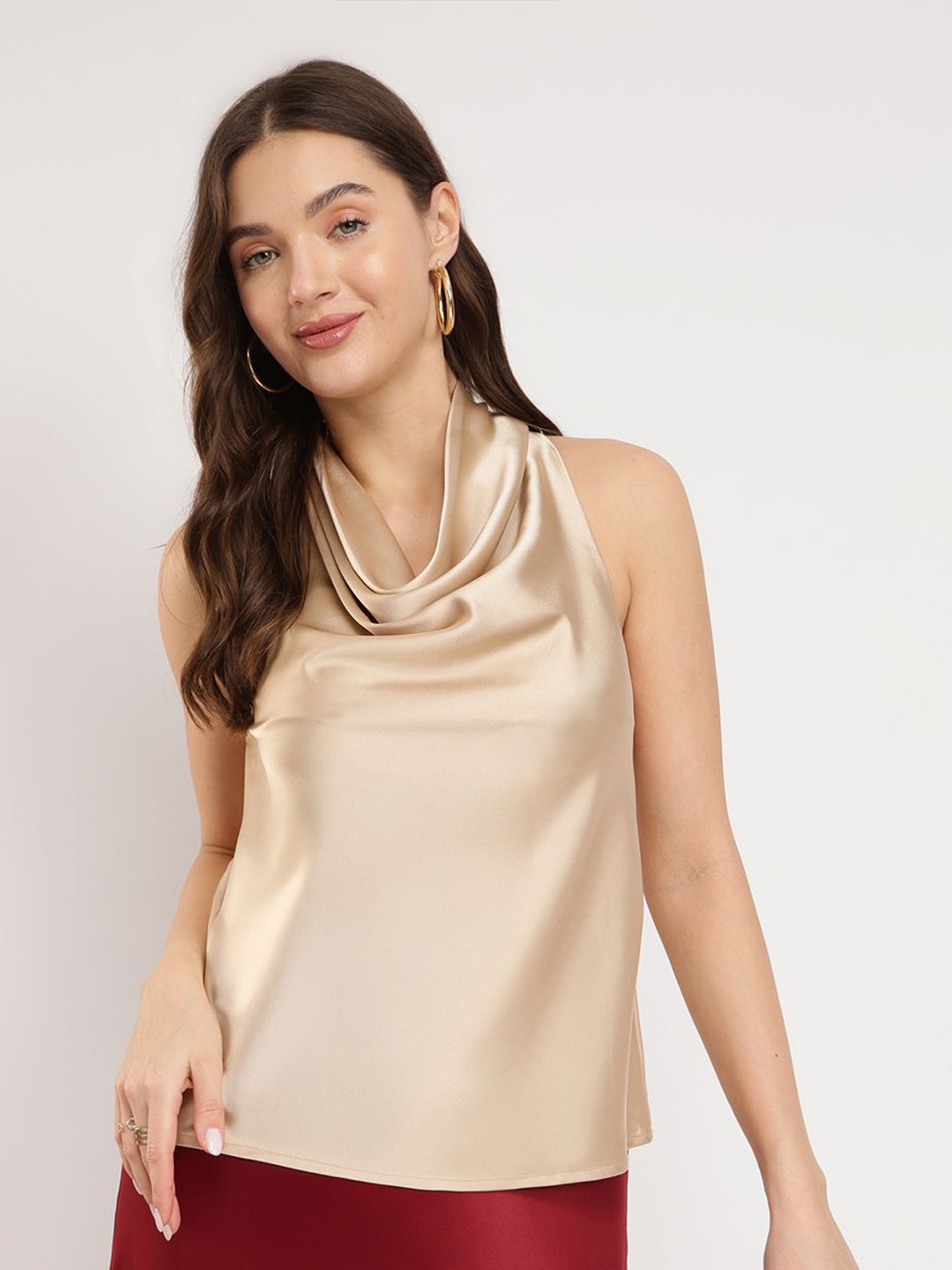 

FableStreet Cowl Neck Satin Top, Beige