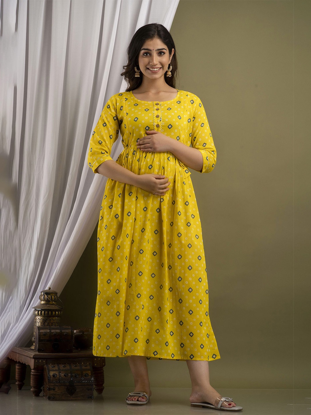 

mad fury Geometric Printed Maternity Cotton Fit and Flare Midi Dress, Yellow