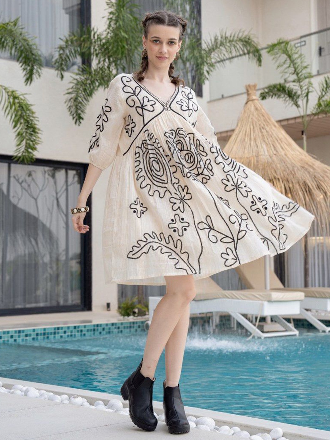 

FREYAA Embroidered A-Line Dress, Beige