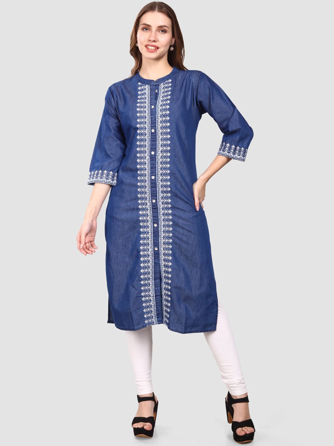 

SK Creation Floral Woven Design High Slit Mandarin Collar Denim Straight Kurta, Blue