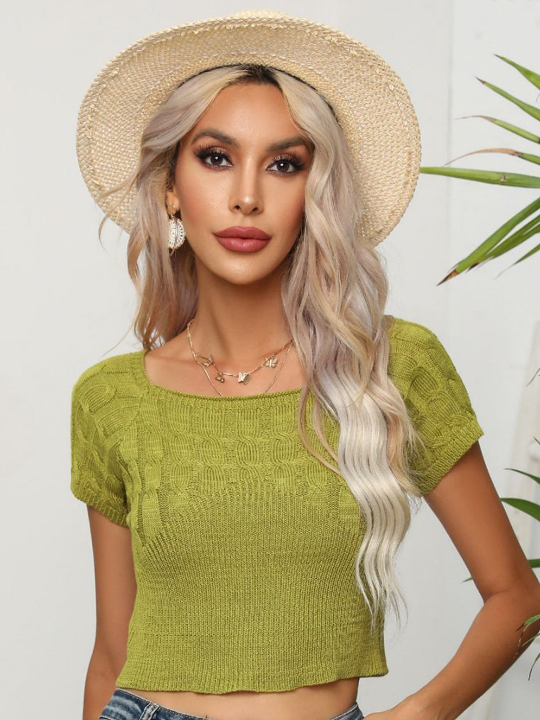 

Oh Rare Women Self Design Twisted Square Neck Crop Pullover Sweater, Green