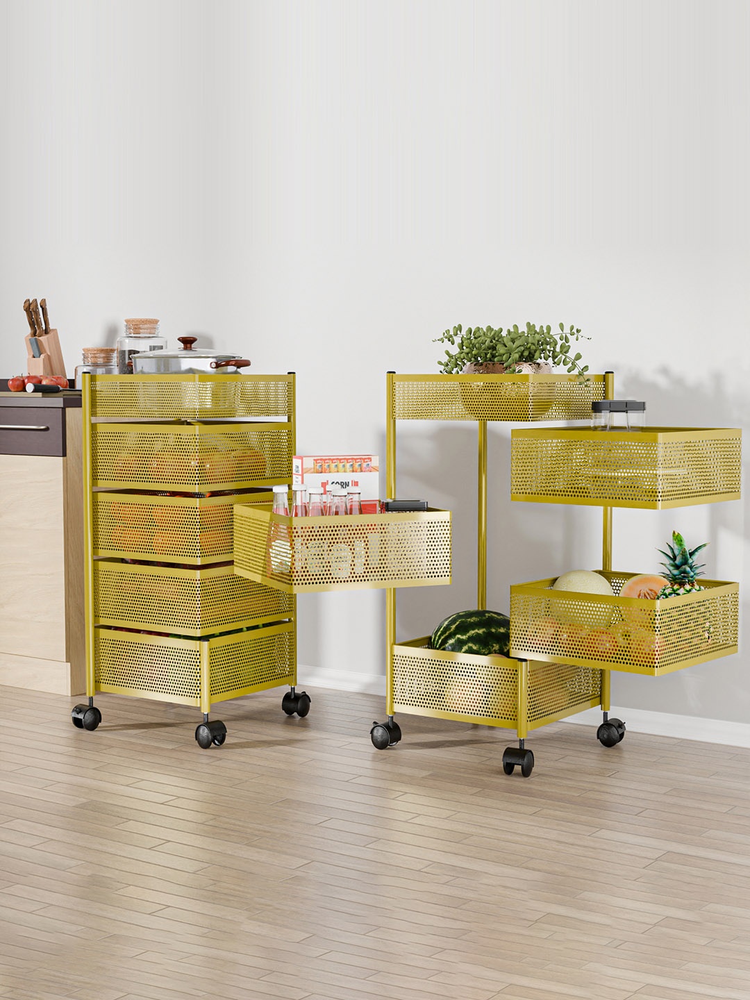 

Kuber Industries Pack of 2 Kitchen 4+1 Layer Metal Storage Kitchen Trolley Unisex Gold