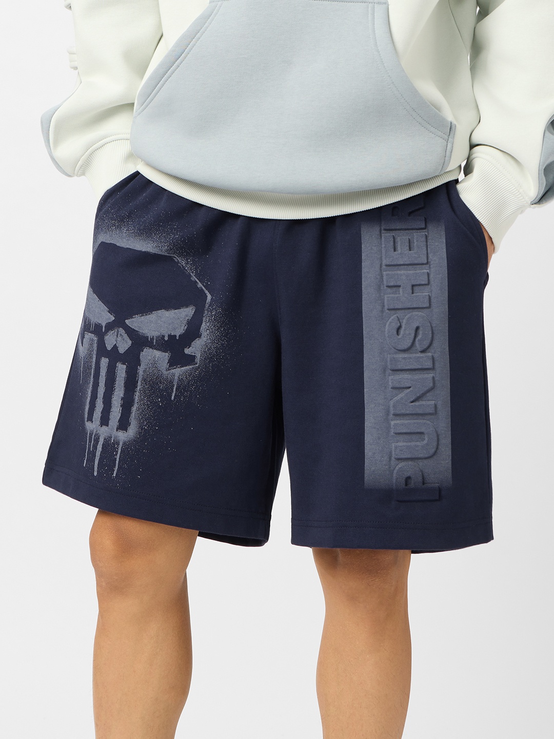 

The Souled Store Men Punisher Sprayed Logo Typography Printed Shorts, Navy blue