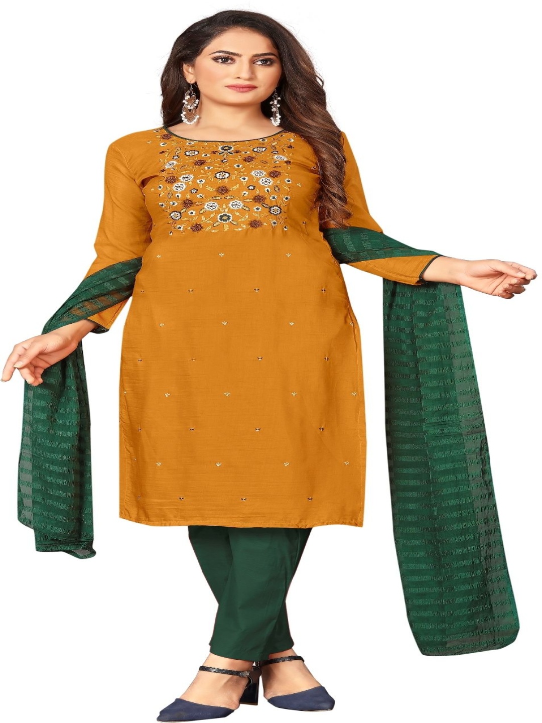 

Aika Floral Embroidered Unstitched Dress Material, Mustard