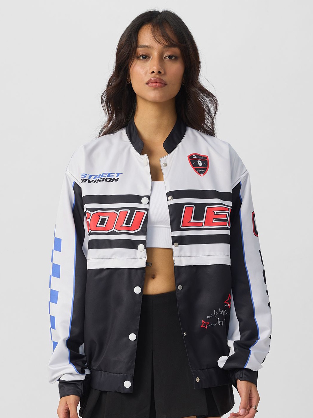 

The Souled Store Women Stand Collar Typography Printed Casual Lightweight Varsity Jacket, White