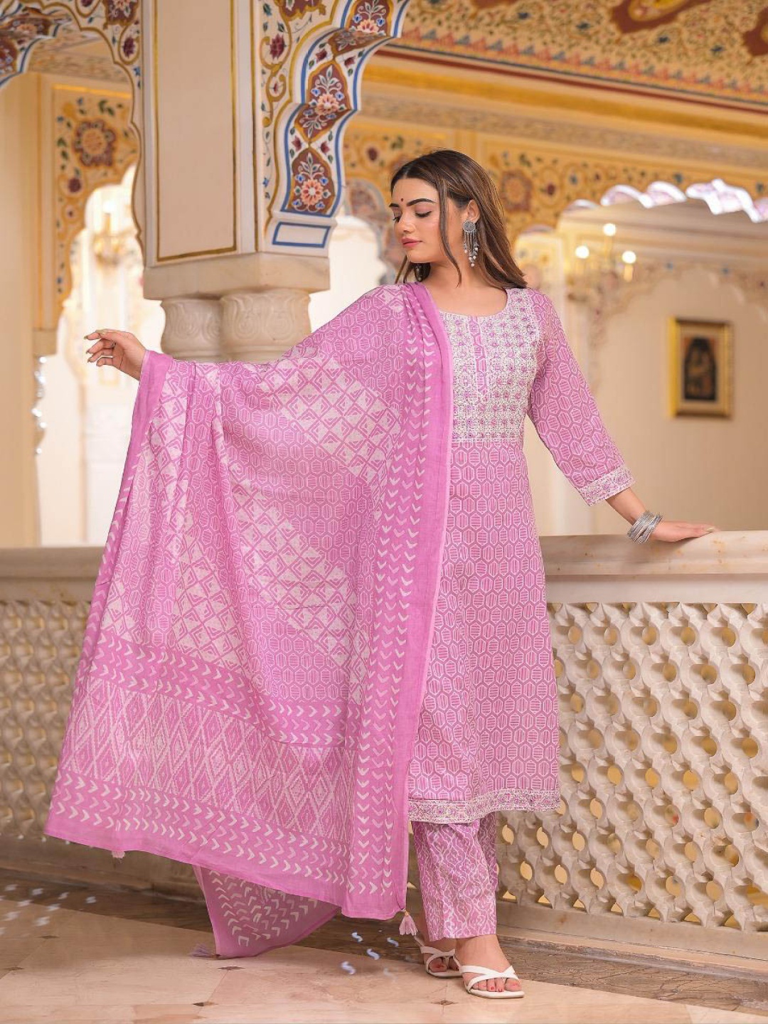 

Gauric creation Geometric Printed Embroidered Pure Cotton Kurta With Trouser And Dupatta, Lavender