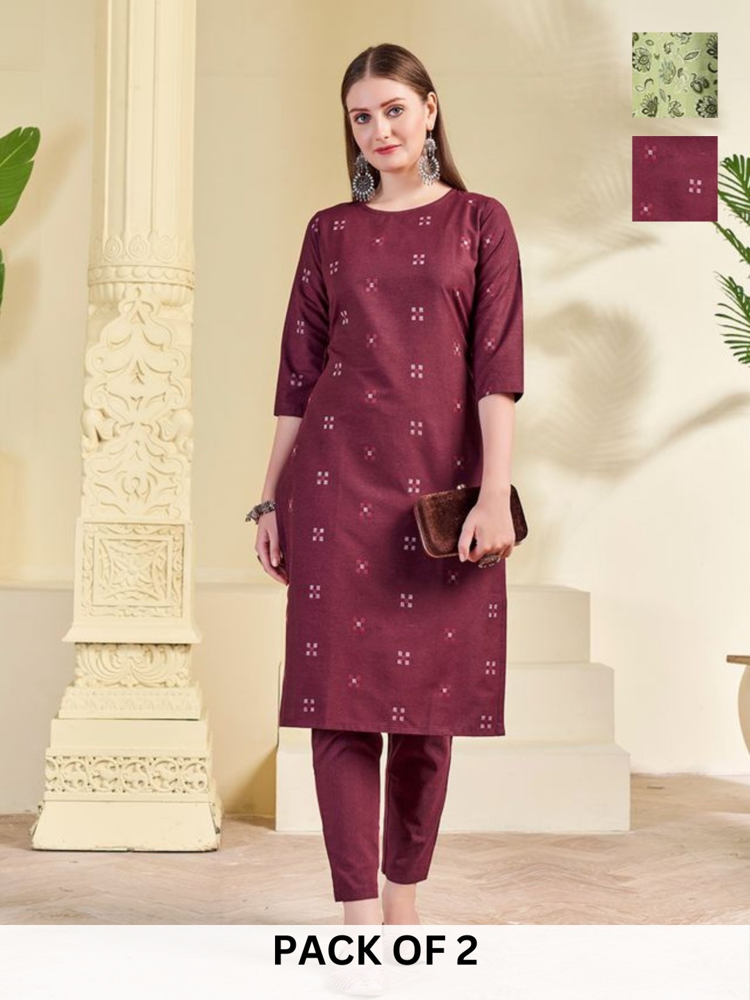 

KALINI Selection Of 2 Geometric Printed Round Neck Straight Kurta With Trouser, Maroon