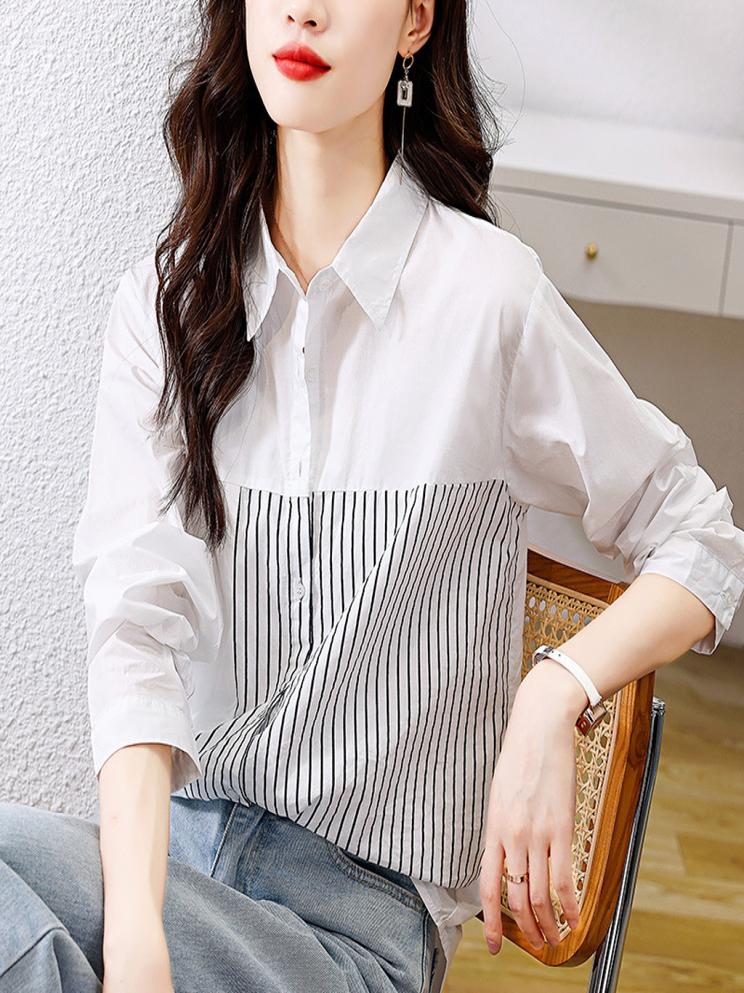 

StyleCast Women Spread Collar Vertical Striped Cotton Casual Shirt, White