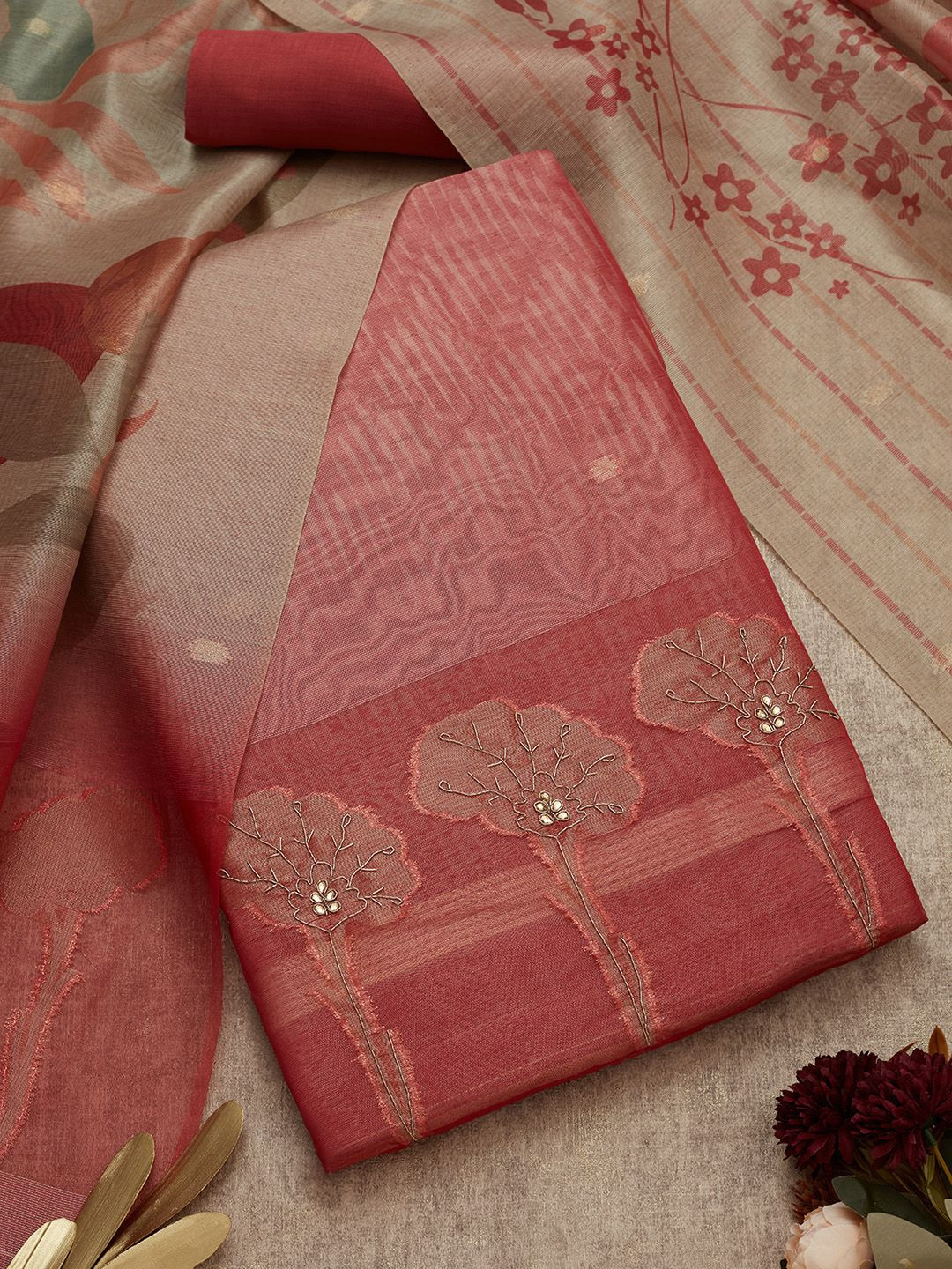 

Soch Zari Floral Printed Unstitched Dress Material, Pink