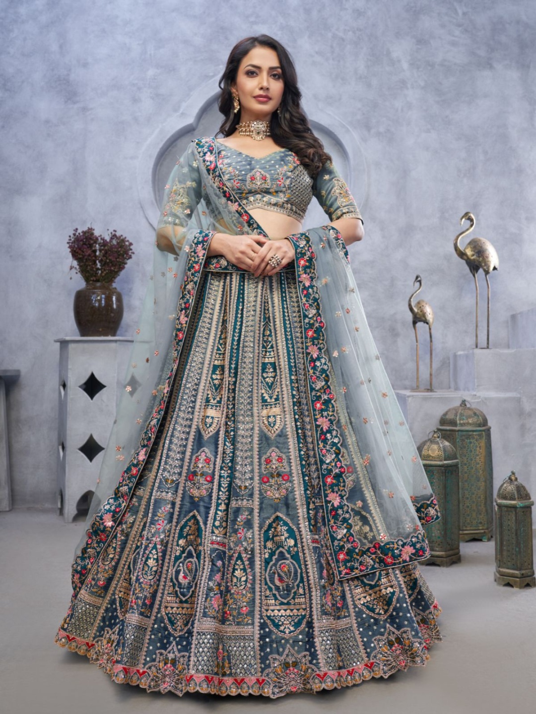 

ODETTE Embellished Sequinned Semi-Stitched Lehenga & Unstitched Blouse With Dupatta, Grey