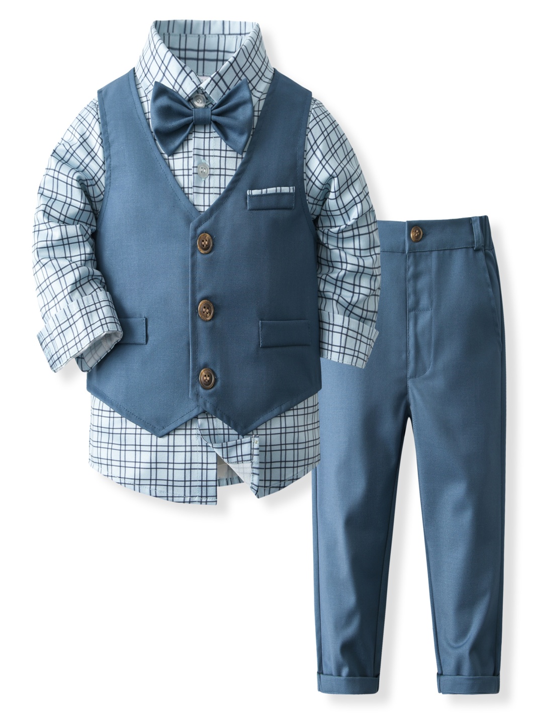 

StyleCast x Revolte Boys Checked Pure Cotton Shirt With Trouser & Waistcoat, Blue