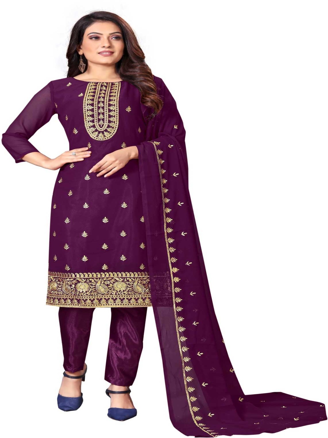 

Aika Floral Embroidered Unstitched Dress Material, Purple