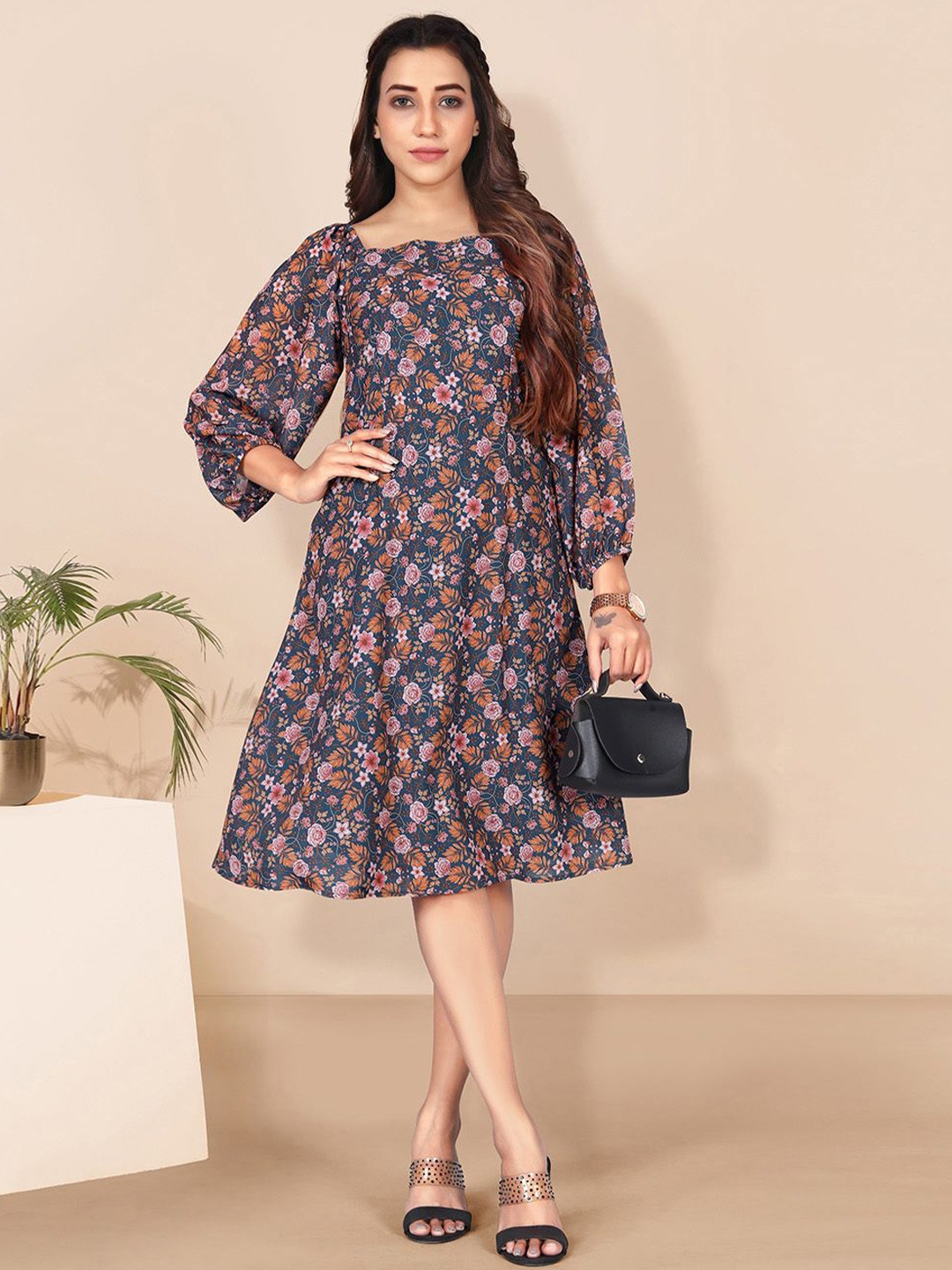 

BAESD Women Floral Printed Puff Sleeve A-Line Dress, Teal