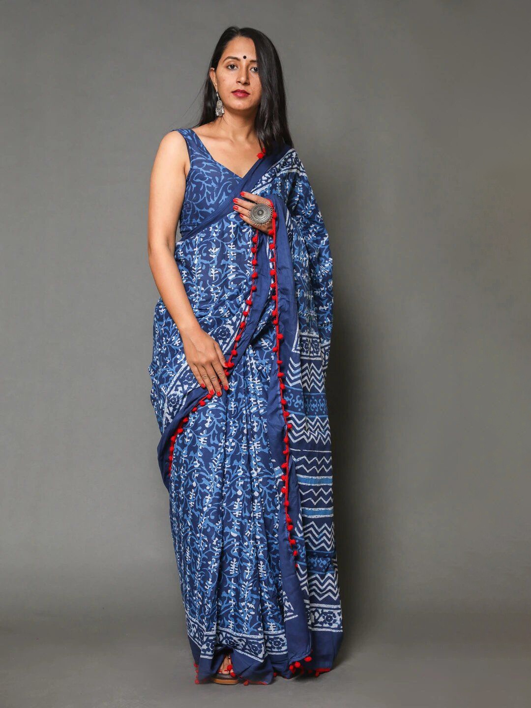 

Craft Musium Floral Pure Cotton Bagru Saree, Blue