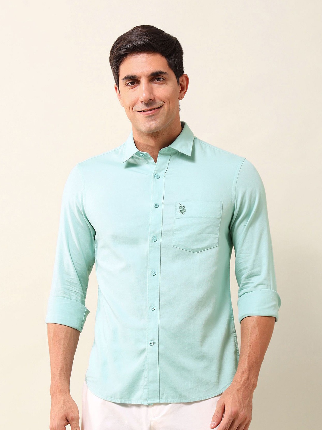 

U.S. Polo Assn. Men Spread Collar Solid Cotton Casual Shirt, Turquoise blue