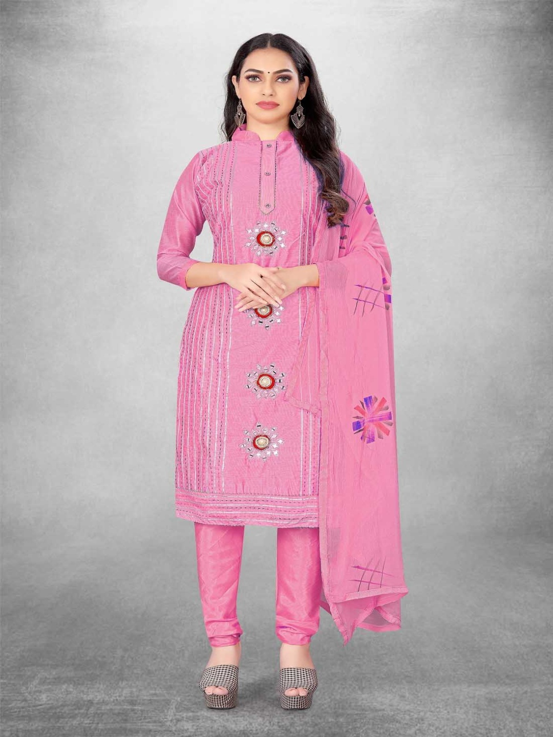 

Aika Mirror Work Floral Printed Unstitched Dress Material, Pink