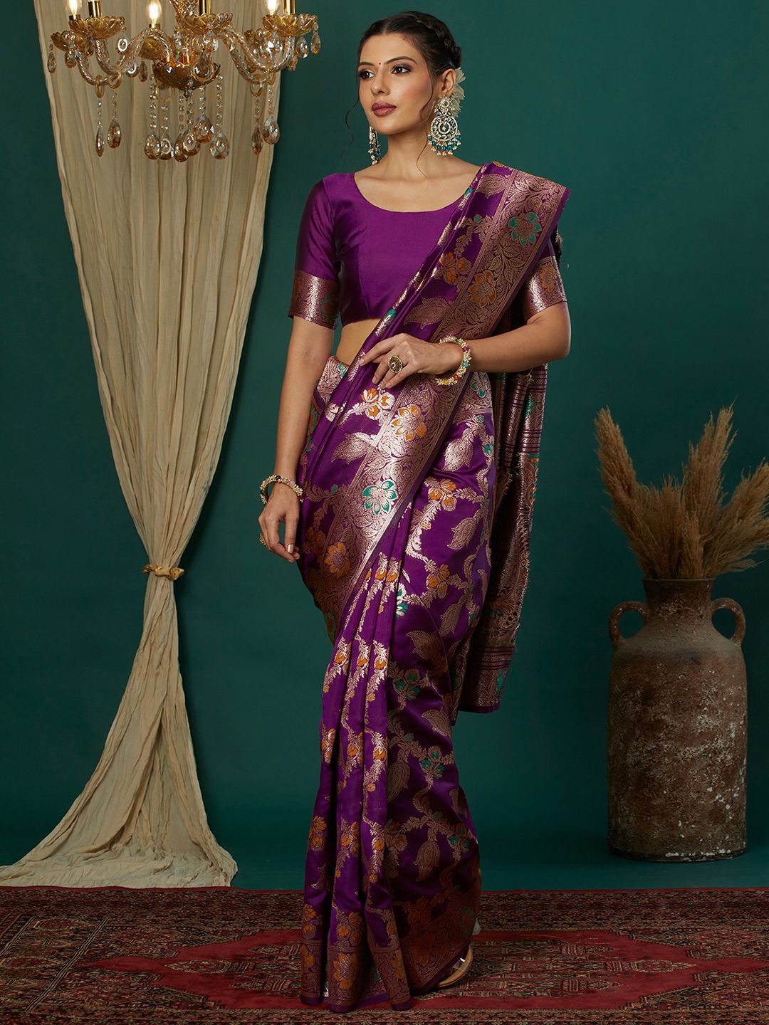 

Satrani Woven Design Zari Banarasi Saree, Purple