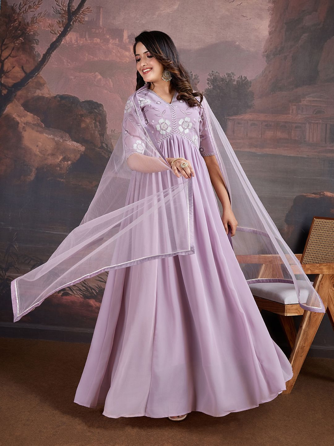 

House of Pataudi Floral Embroidered V-Neck Anarkali Kurta With dupatta, Mauve