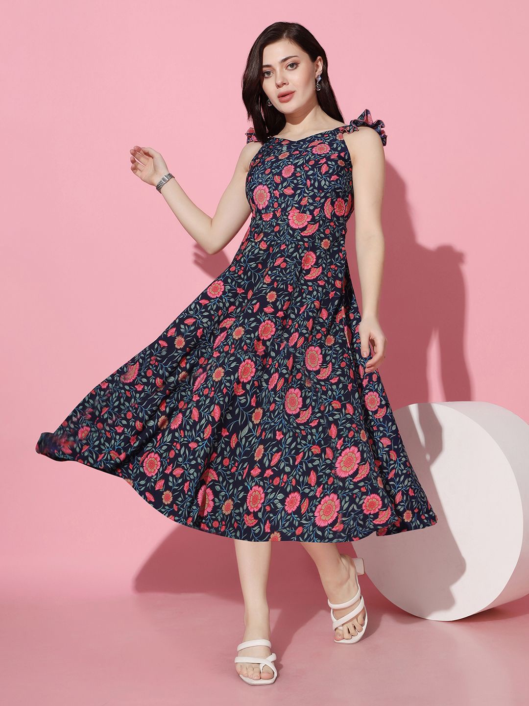 

BAESD Floral Print Flutter Sleeve Crepe Fit & Flare Midi Dress, Navy blue