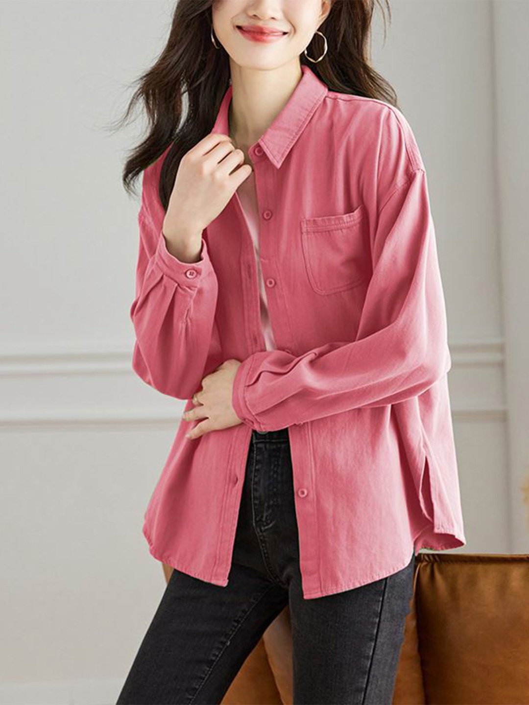 

StyleCast Women Relaxed Fit Spread Collar Solid Cotton Casual Shirt, Pink