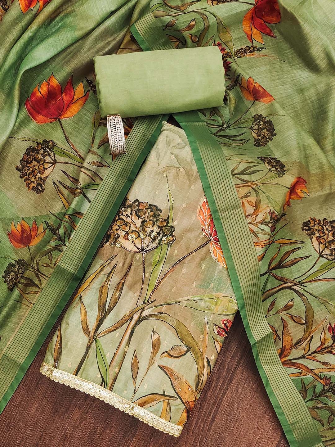 

HERE&NOW Floral Printed Beads And Stones Organza Unstitched Dress Material, Green