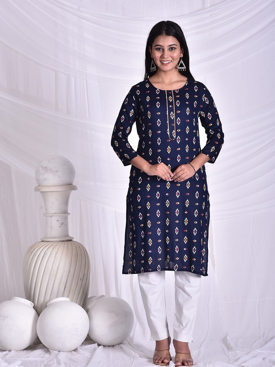 

Rashmi Shree Creation Printed Round Neck Kurtas, Navy blue