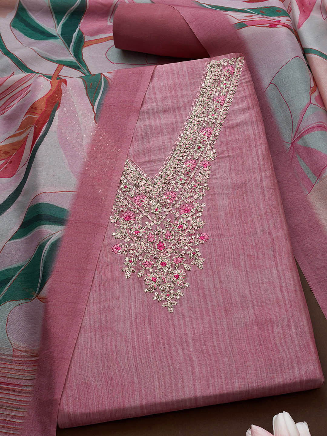 

Soch Floral Embroidered Unstitched Dress Material, Pink