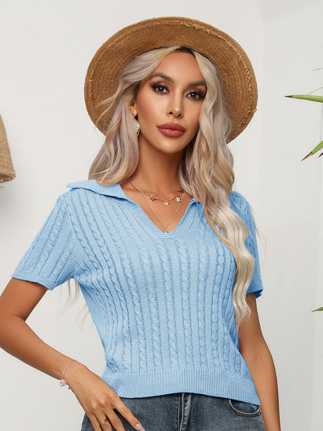 

Oh Rare Women Shirt Collar Striped Pullover Sweater, Blue