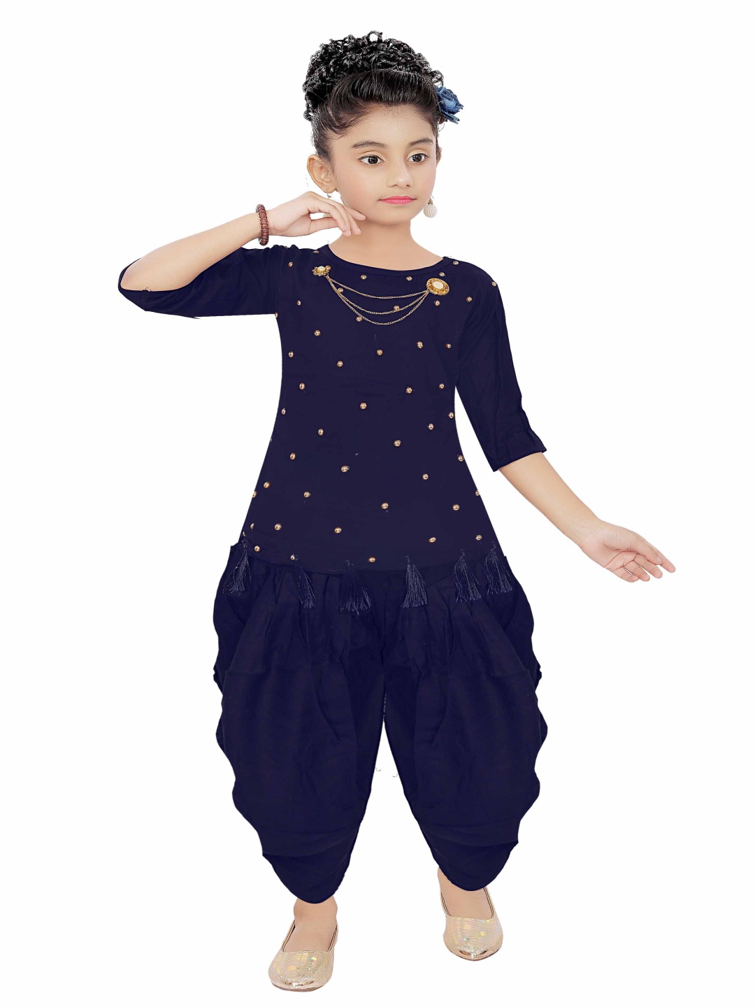 

Epochlite Girls Embellished Round Neck Top With Dhoti Pants, Navy blue