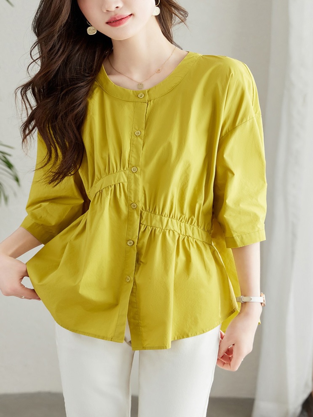 

StyleCast Women Solid Band Collar Cotton Casual Shirt, Lime green