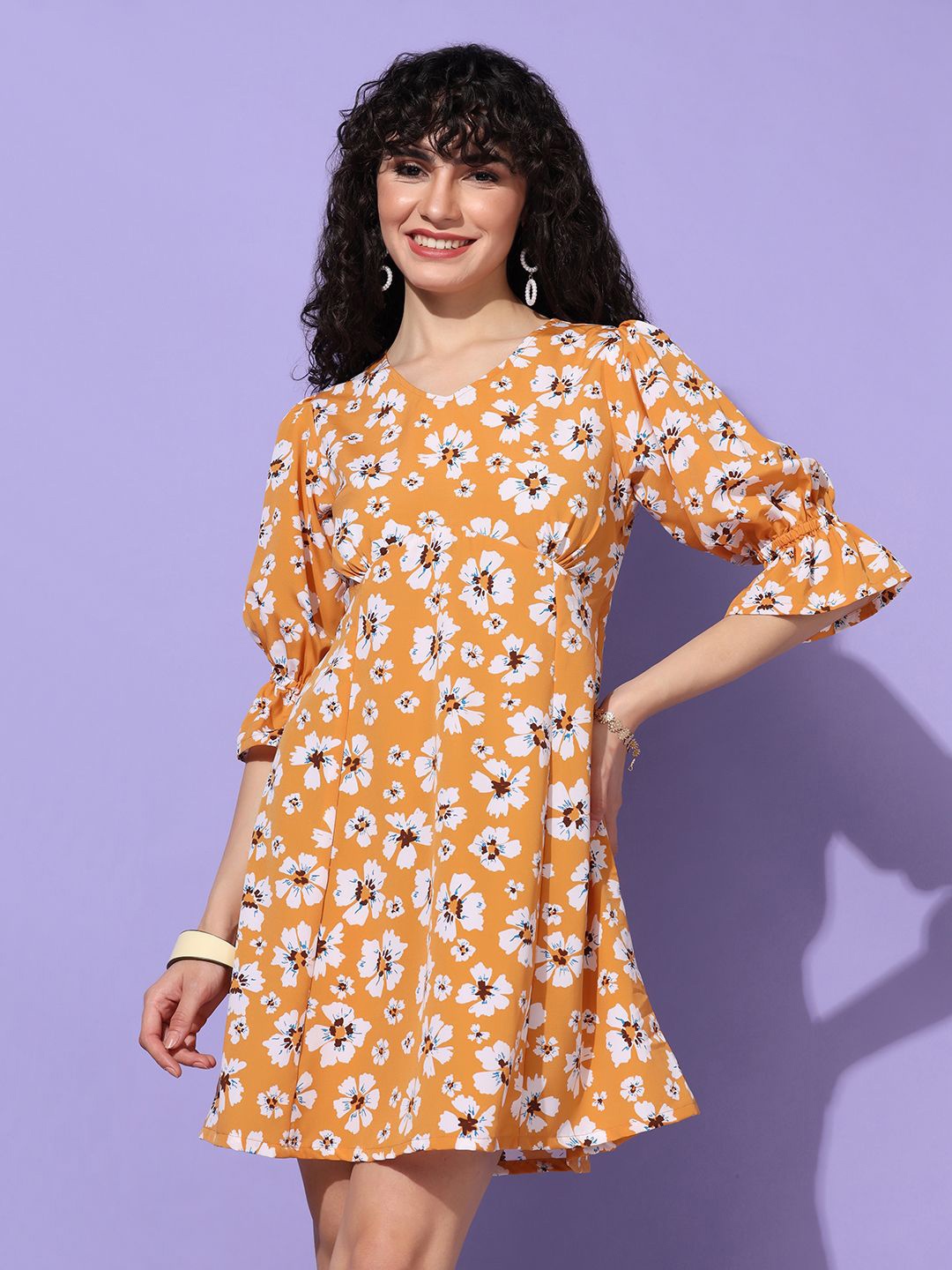 

BAESD Floral Print Bell Sleeve Crepe Fit & Flare Dress, Mustard