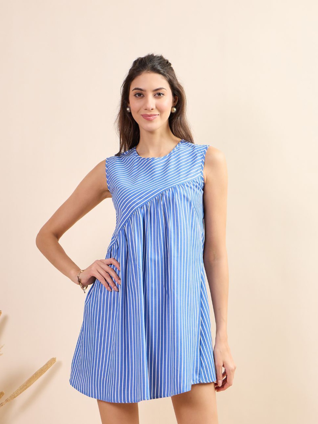 

Kiarabel Retail Women Striped Cotton A-Line Dress, Blue