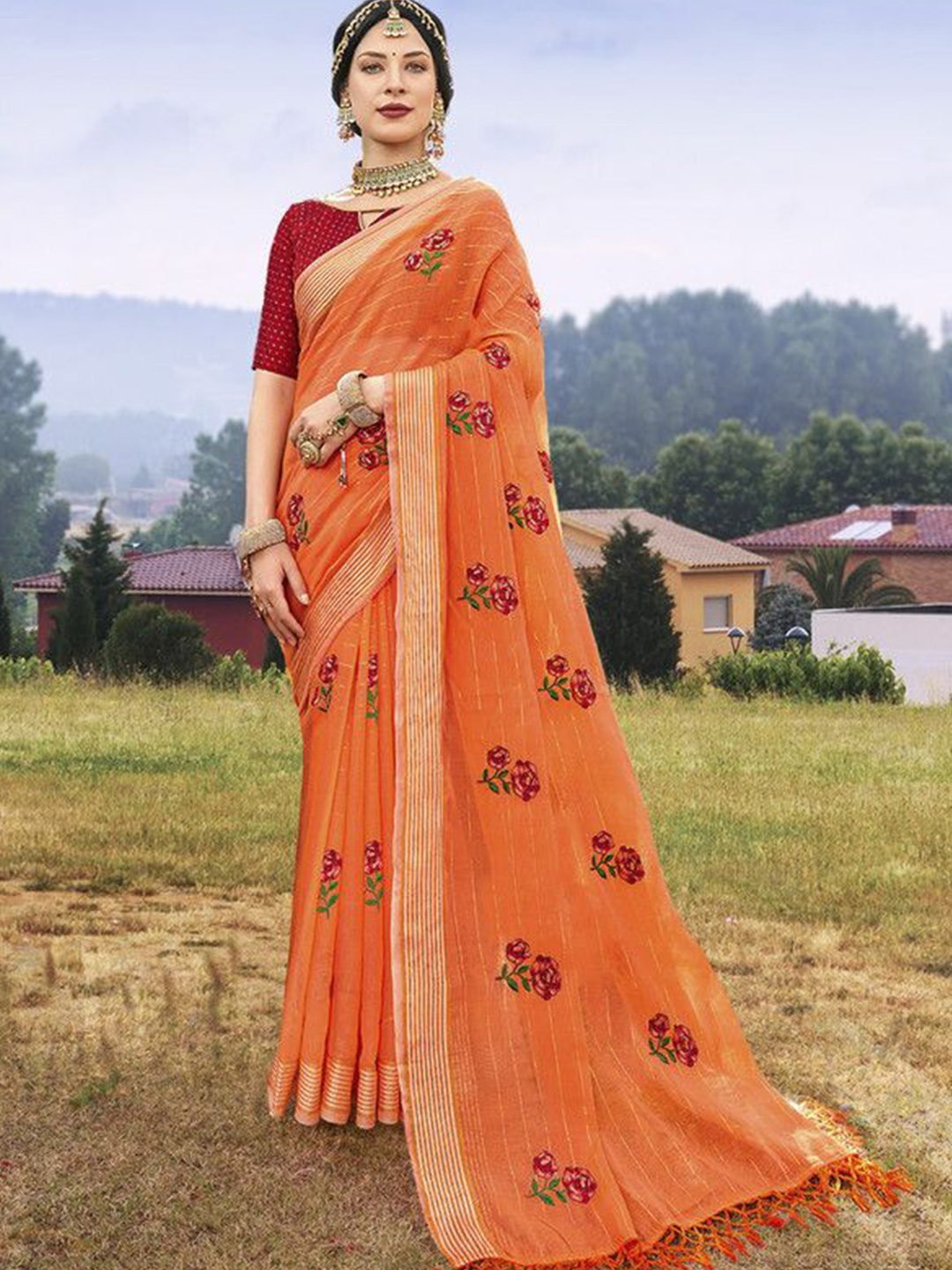 

sagarika Striped Chanderi Saree, Peach