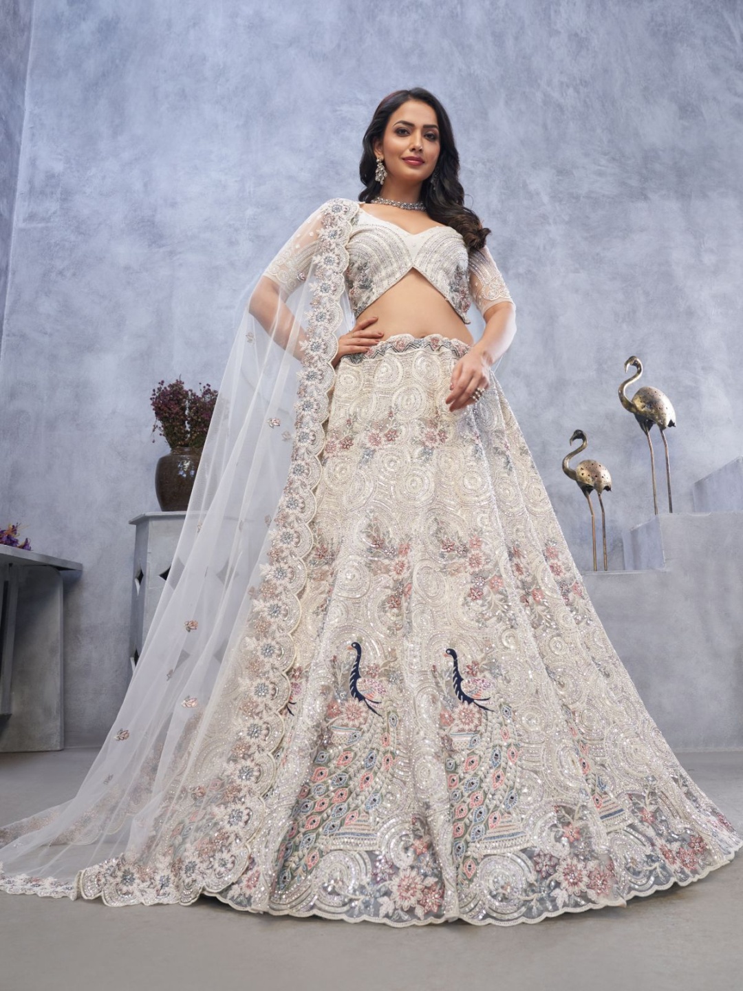 

ODETTE Embellished Sequinned Semi-Stitched Lehenga & Unstitched Blouse With Dupatta, White