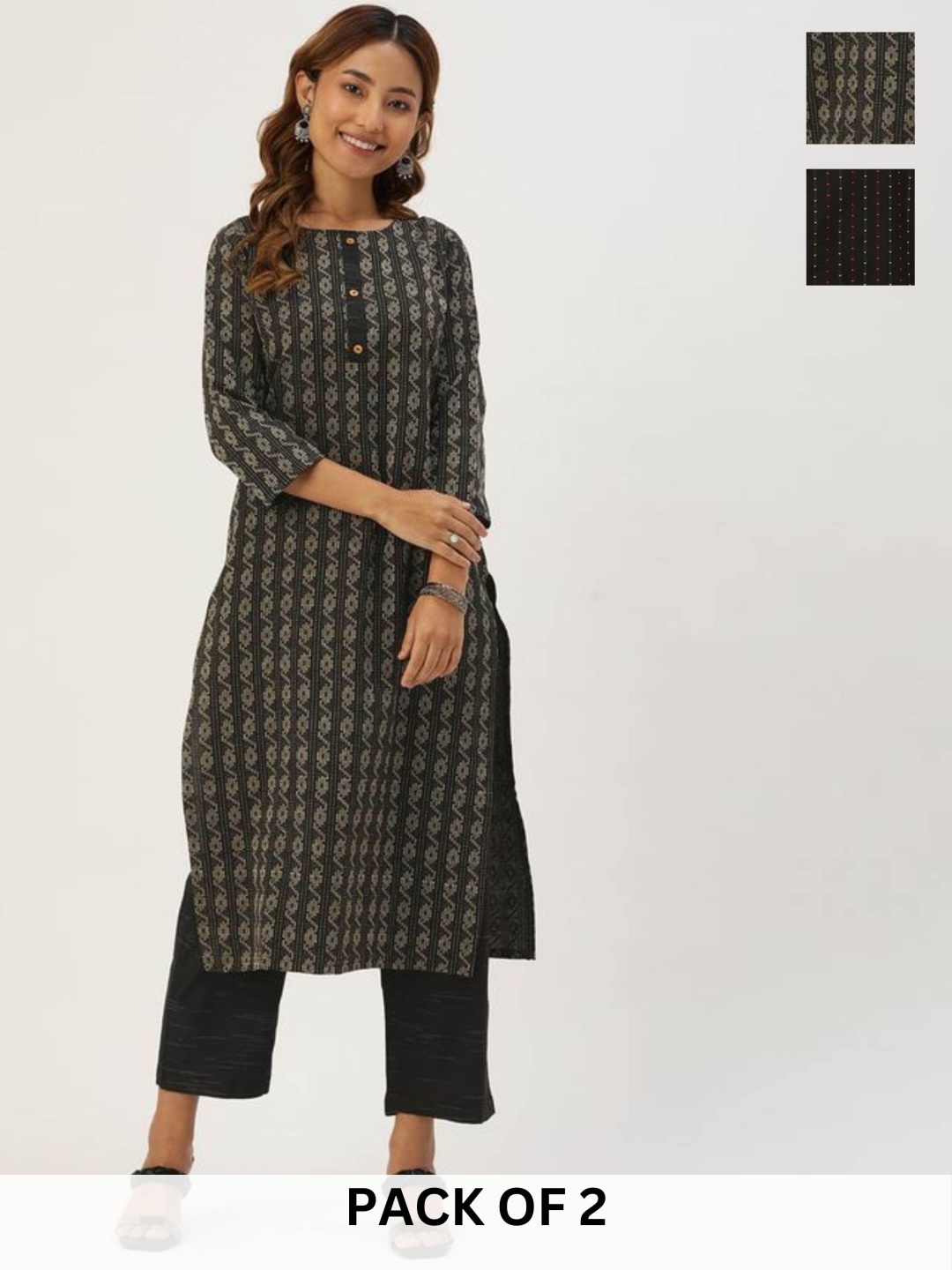 

KALINI Selection Of 2 Geometric Printed Cotton Blend Straight Kurta With Trousers, Black