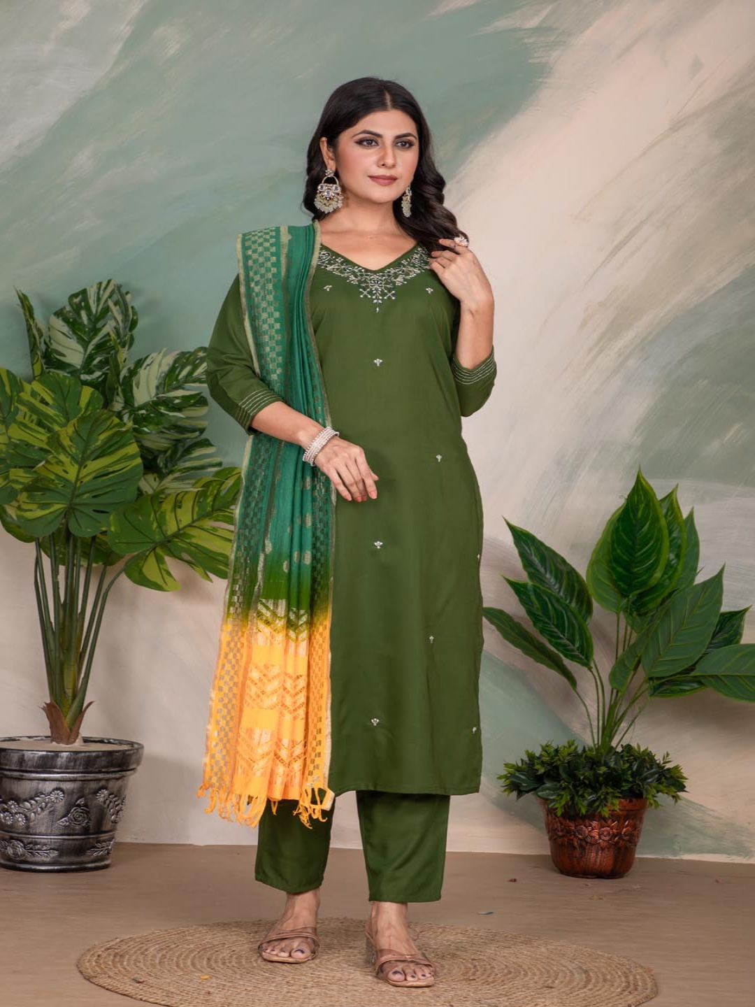 

Sitanjali Ethnic Motifs Embroidered V-Neck Sequined Straight Kurta With Trouser & Dupatta, Green