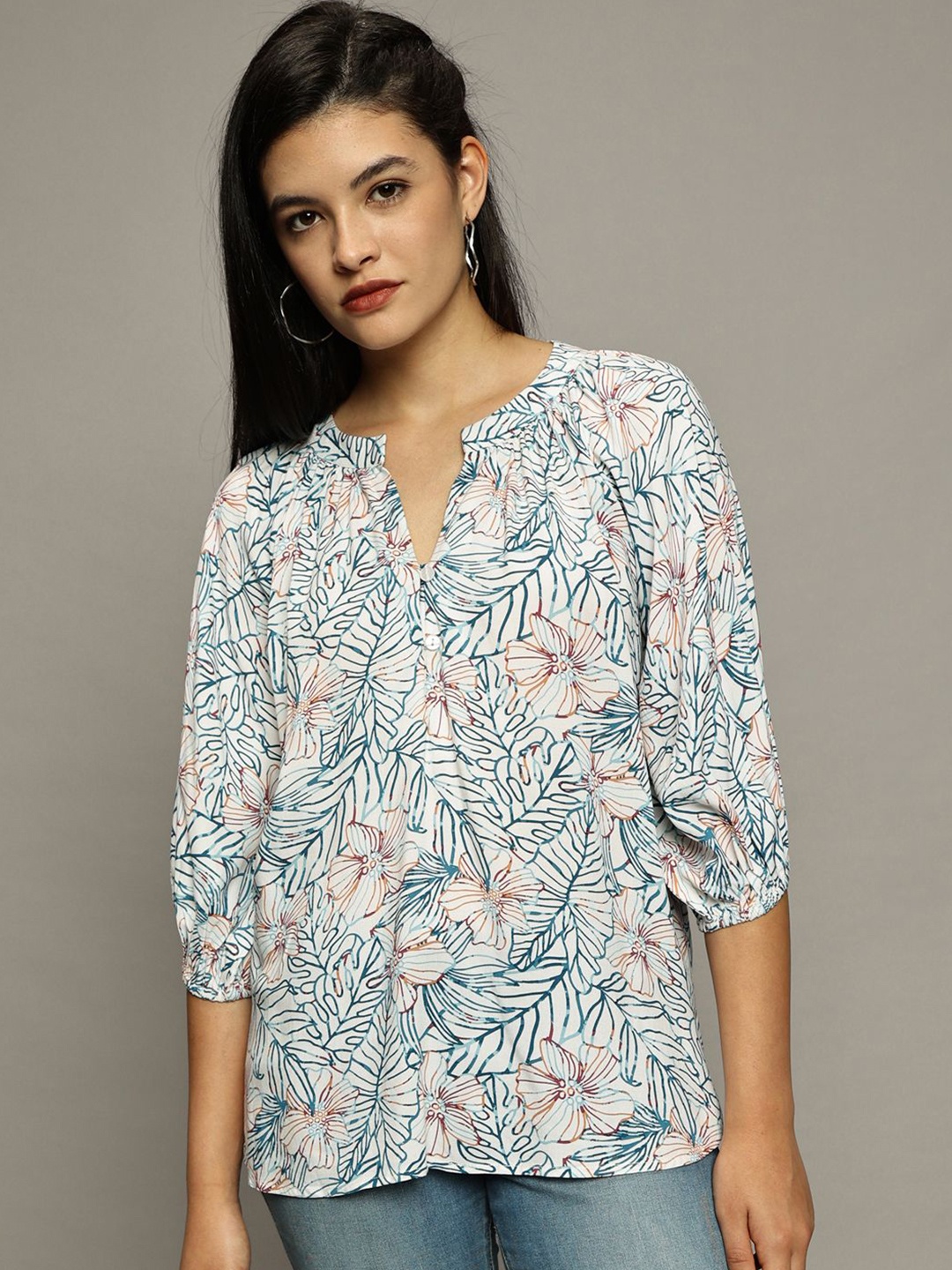

The Roadster Lifestyle Co. Women Floral Printed Mandarin Collar Puff Sleeves Top, White